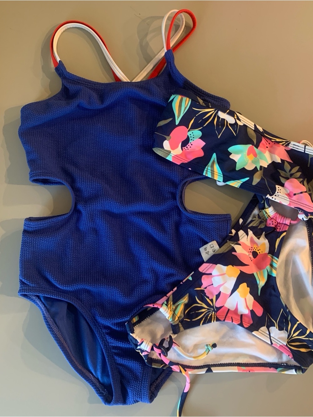 Girls' Blue Cutout One-Piece & Floral Bikini Set - Two-Piece Swim Outfit